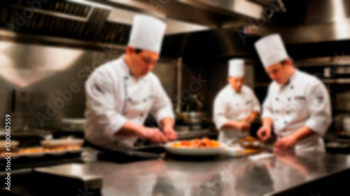 A blurry image of three chefs working in a kitchen, preparing dishes with professional kitchen tools, creating a busy and focused cooking environment.