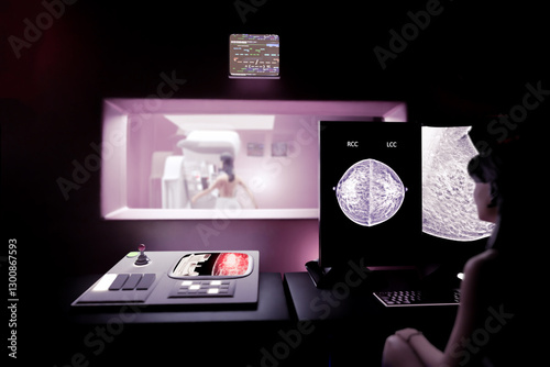 A 3D rendering of a futuristic breast cancer screening, showing a patient undergoing a mammogram .