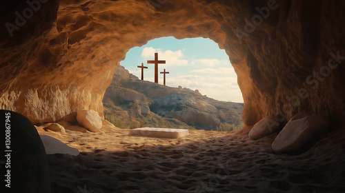 Easter, 3 crosses, the moment after Jesus Christ left his tomb, a beautiful sunrise