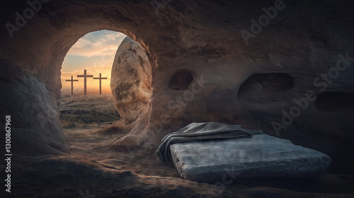Easter, 3 crosses, the moment after Jesus Christ left his tomb, a beautiful sunrise