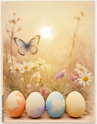 Easter Background with Eggs and Flowers