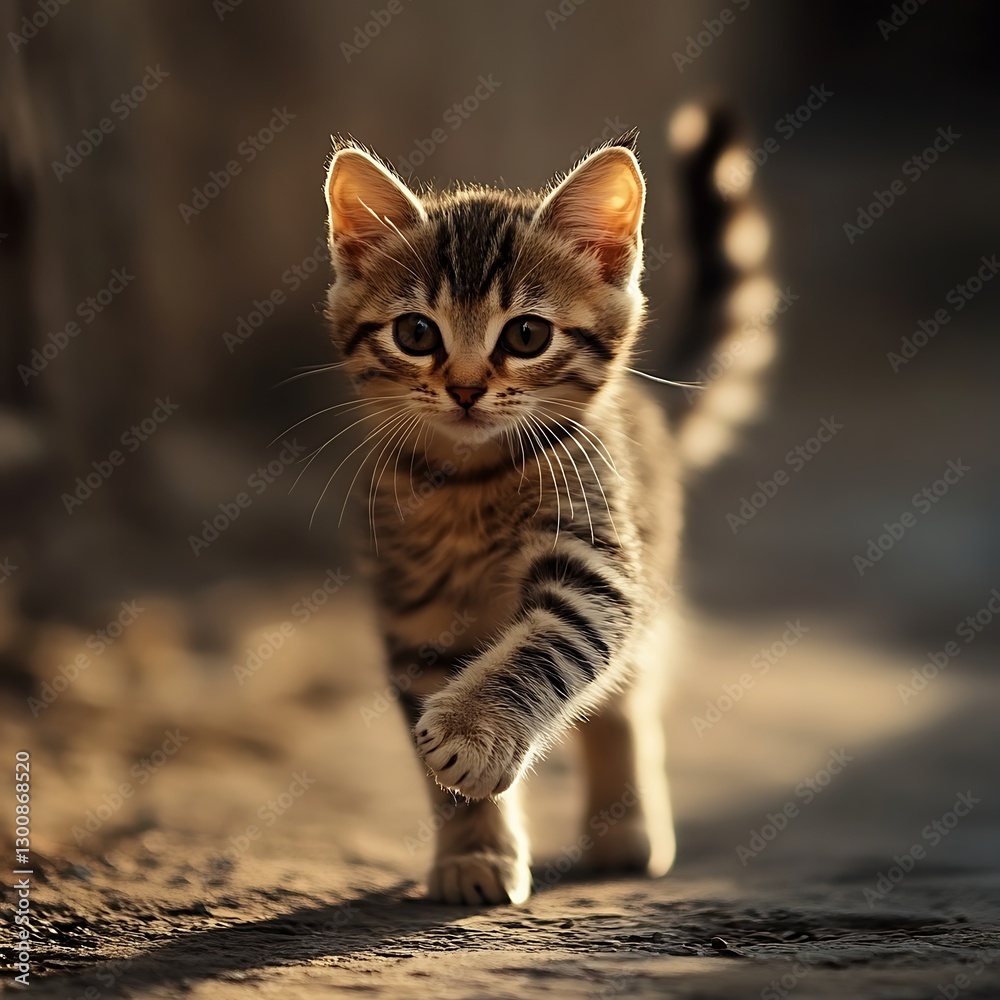 Fototapeta premium Adorable kitten walking on a bright and polished floor high resolution picture