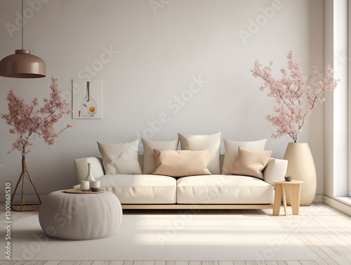 Minimalist modern living room interior with Easter and spring inspiration. Light walls, light couch with neutral pillows and spring artwork on the wall. Easter interior decor