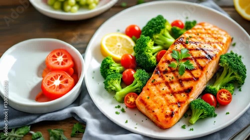Wallpaper Mural grilled salmon with broccoli and tomatoes on white plate, wooden background, side dishes Torontodigital.ca