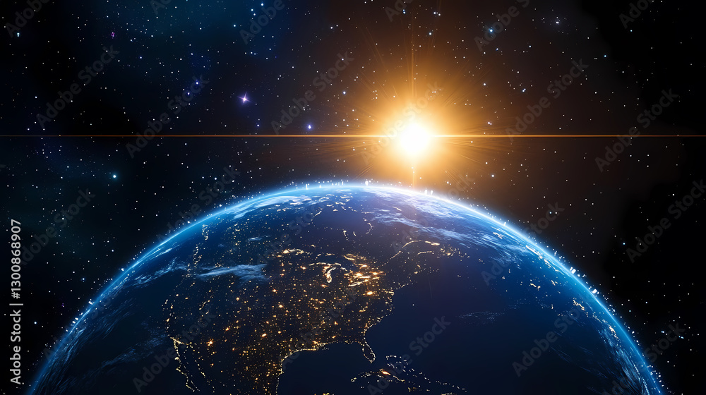 Obraz premium Earth from Space with Blue Planet and Bright Sun