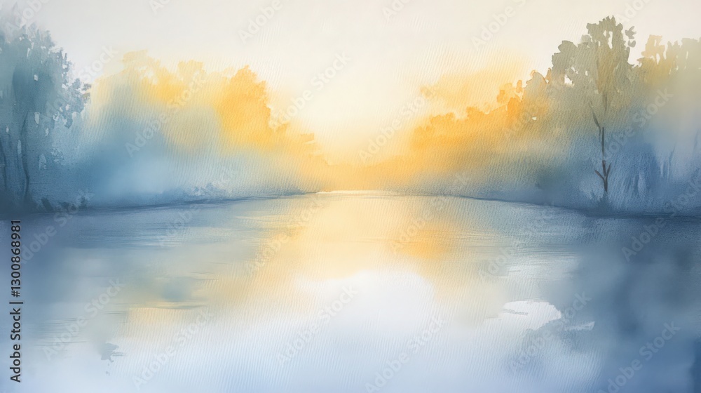 Fototapeta premium Watercolor painting capturing a serene river landscape at sunrise or sunset