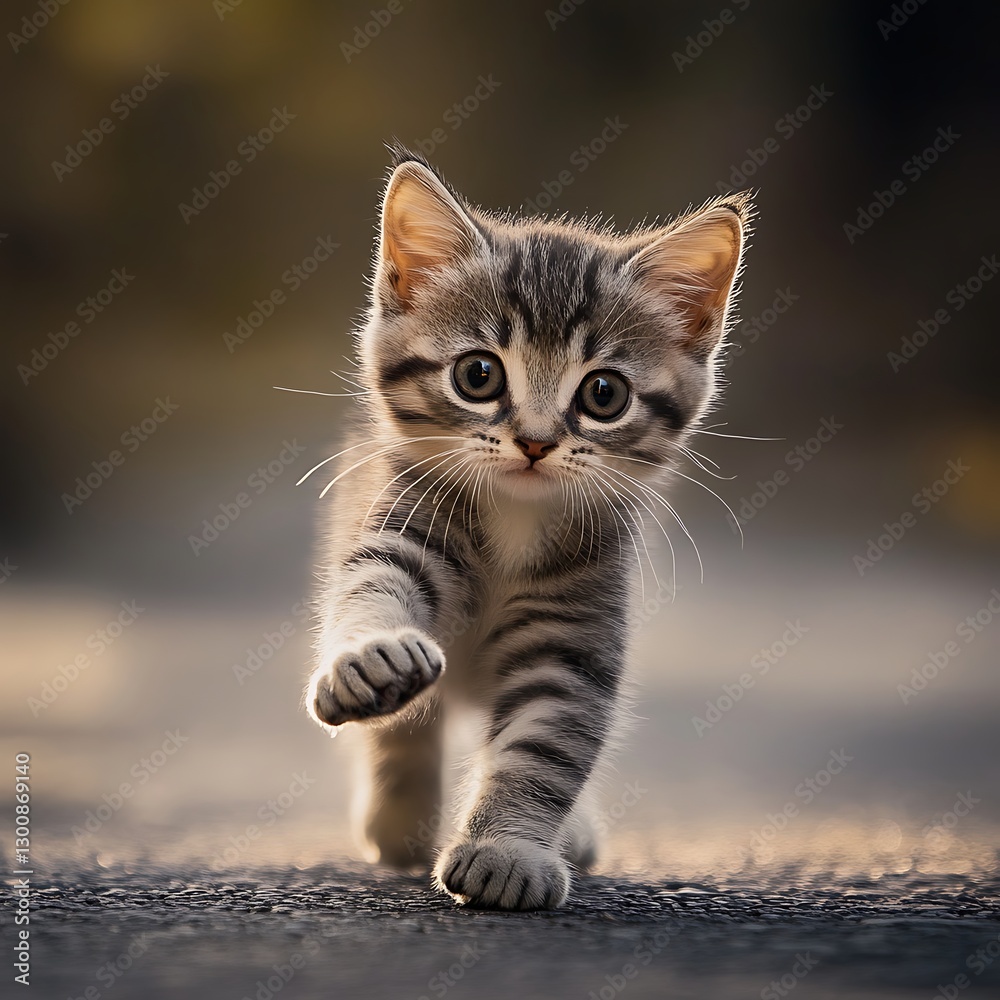 Adorable kitten with stripes walking gracefully on floor high resolution picture Adorable kitten with stripes walking gracefully on floor high resolution picture