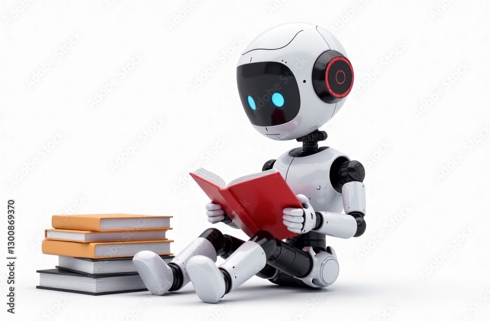Cute robot reading a book beside a stack of books Cute robot reading a book beside a stack of books