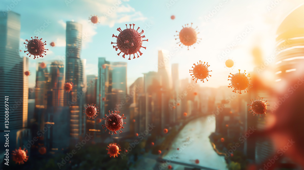 Obraz premium An illustrated depiction of virus cells floating on the air in modern city with a beautiful view, Comfortable space and hidden airborne threats, Unclean air