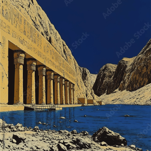 Explore the Majestic Ancient Egyptian Temple: Vector Art of Hieroglyphics Adorned Columns, Serene Blue River, and Rocky Landscape Under Clear Sky