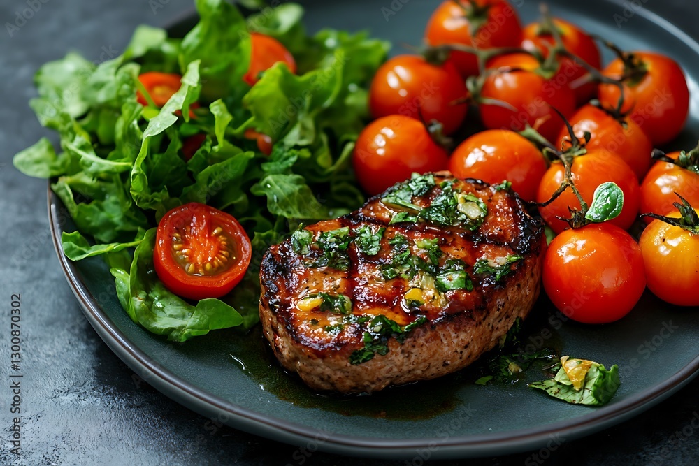 Grilled steak, roasted tomatoes, salad