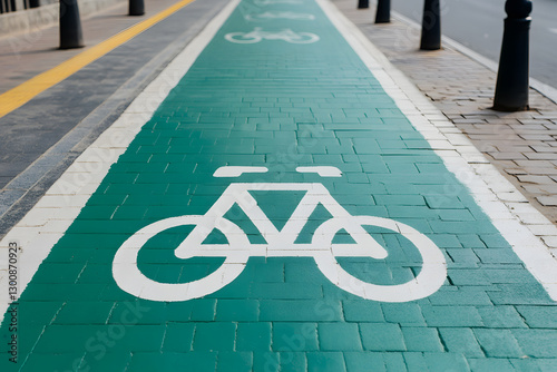 Designated bike lane with repeated bike symbols for safety and ease of travel. Urban cycling route painted green on brick pavement.