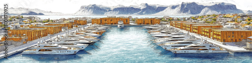 Stunning Vector Image of Marina with Luxury Yachts at Dockside, Scenic Coastal Town and Panoramic Mountain Views, Perfect for Seaside Travel and Vacation Themes
