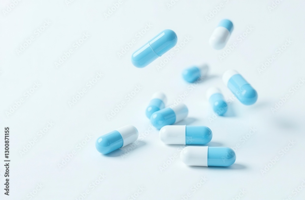 Blue and white capsules falling on white surface Blue and white capsules falling on white surface