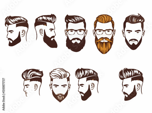 Set of Contemporary Men's Haircuts and Beard Designs