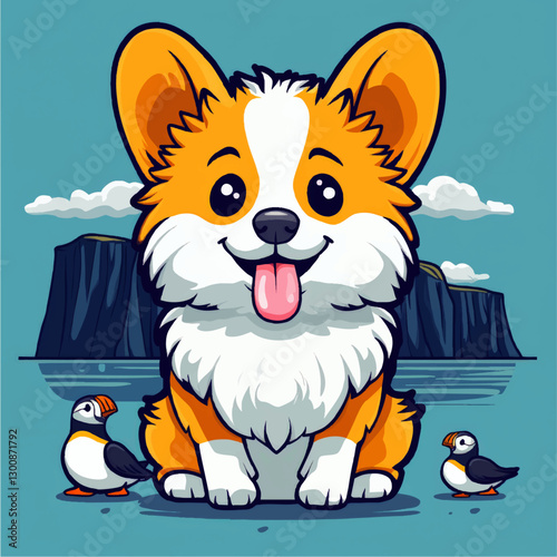 Adorable Cartoon Corgi with Puffins on Scenic Coastal Background - Cute Vector Art Featuring Pet, Nature, Ocean Cliffs, and Seabirds for Kids and Pets Enthusiasts