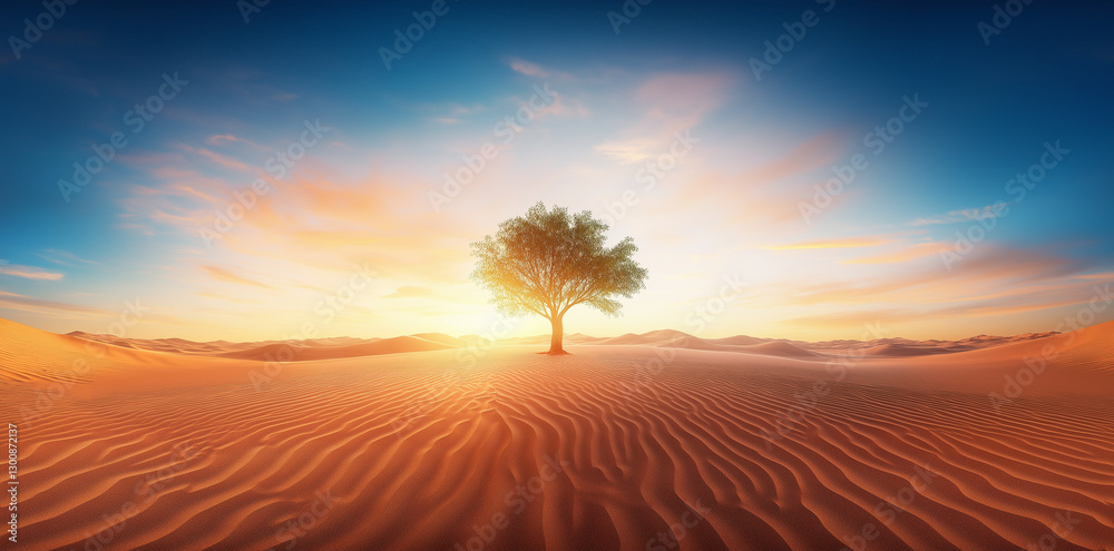 Fototapeta premium solitary tree stands majestically in vast desert landscape, illuminated by stunning sunset. warm hues of sky blend beautifully with rippled sand dunes, creating serene and tranquil atmosphere