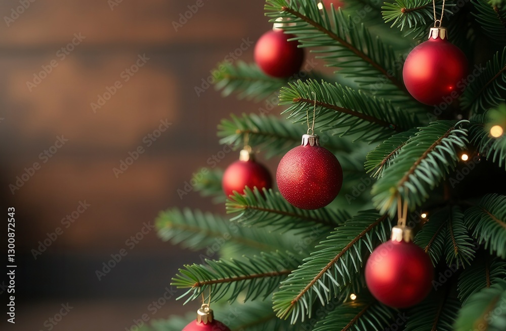 Festive christmas tree with red baubles and soft warm lighting Festive christmas tree with red baubles and soft warm lighting