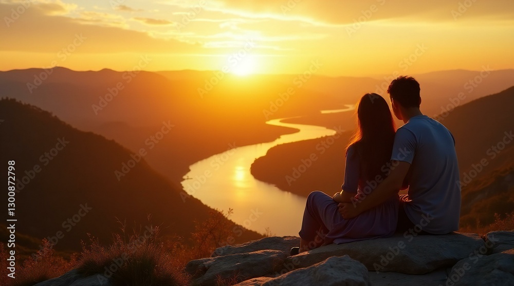A Couple Overlooking Tranquil River at Sunset Serenity. A Couple Overlooking Tranquil River at Sunset Serenity.