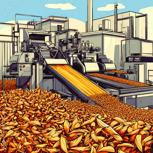 Efficient Food Processing Machinery in Snack Manufacturing Plant - Explore Industrial Production Line with Conveyor for Chips in Factory Setting