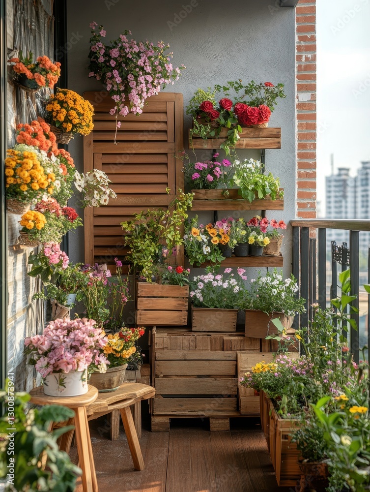 Fototapeta premium A beautiful outdoor scene featuring plants and flowers on a balcony