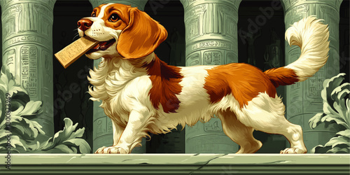 Vector Illustration of Playful Beagle with Ancient Egyptian Columns | Dog with Hieroglyphic Block in Luxor Temple Style | Decorative Art Design