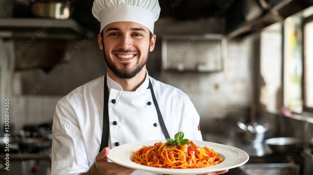 Smiling Chef Presenting Delicious Pasta Dish in a Restaurant Kitchen Smiling Chef Presenting Delicious Pasta Dish in a Restaurant Kitchen