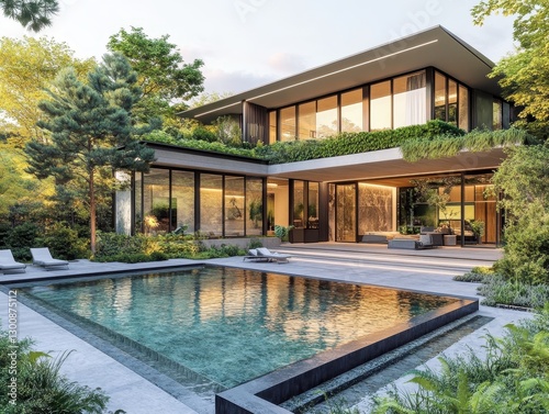 Wallpaper Mural Beautiful Modern Home Featuring a Luxurious Swimming Pool Surrounded by Greenery Torontodigital.ca