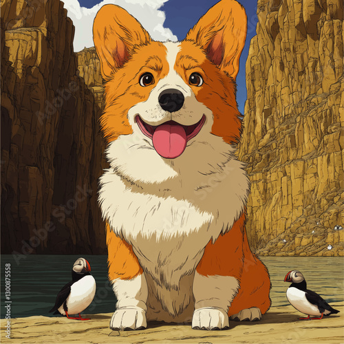 Vivid Corgi and Puffins in Scenic Canyon Landscape Illustration - Adorable Welsh Corgi and Puffin Birds in Nature Vector Art for Pet and Wildlife Enthusiasts