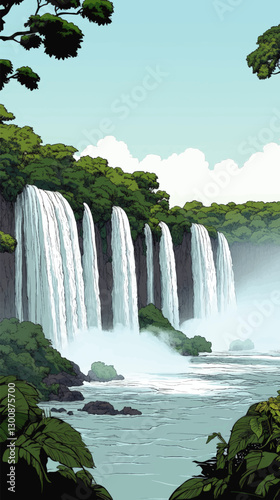 Stunning Vector Image of Serene Waterfalls with Lush Greenery Featuring Cascading Water, Vibrant Forest, Tranquil Atmosphere, and Idyllic Natural Scenery