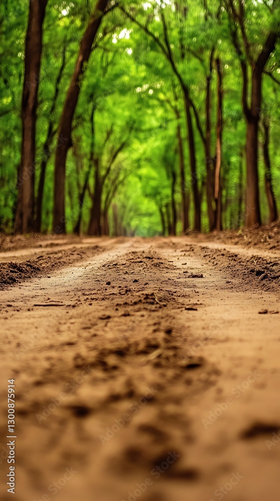 Dirt road leads through forest, trees with green leaves