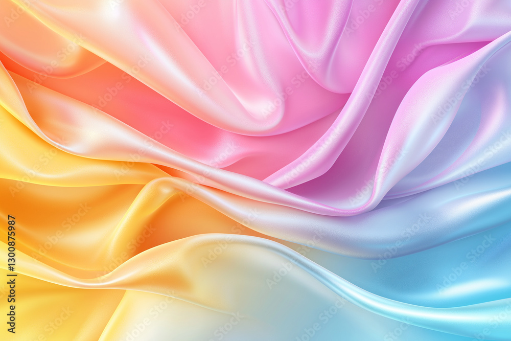Obraz premium Soft pastel fabric with flowing waves in pink, yellow, and blue hues creates serene and dreamy atmosphere. gentle folds and smooth texture enhance visual appeal