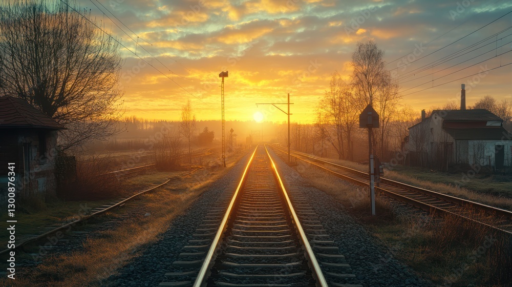 Fototapeta premium Sunrise over train tracks in misty countryside.