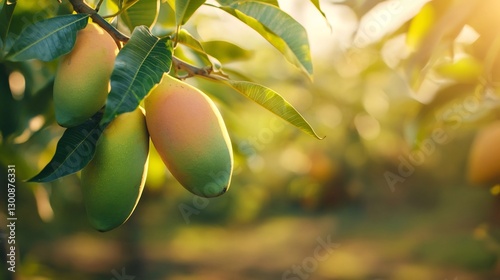 Branch with totapuri mangoes elongated green to yellow fruits surrounded by tropical leaves sunlight creating a warm glow on the fruits surface close up focus on the texture defocused background photo