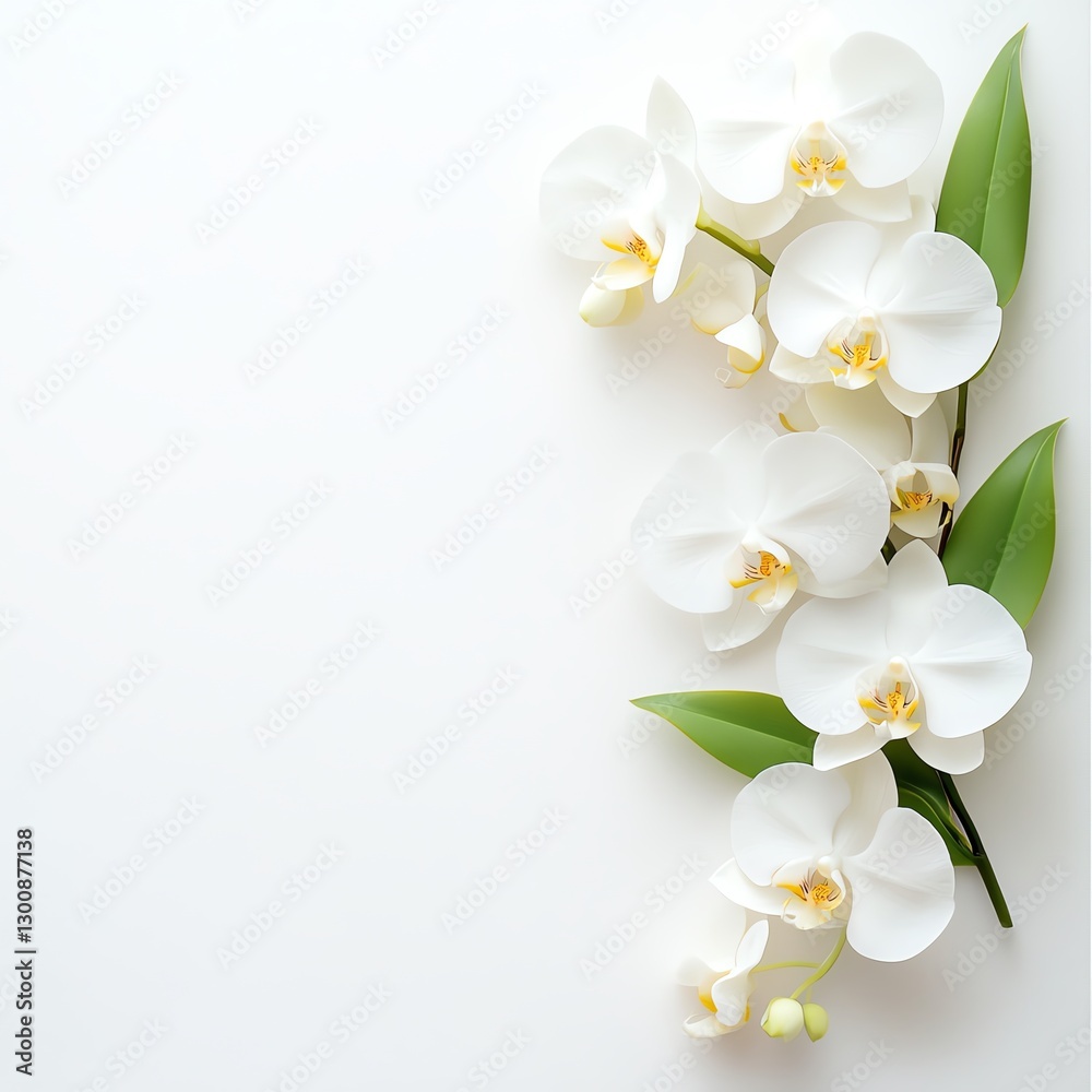 Fototapeta premium Elegant white orchids arranged beautifully on a clean background, perfect for invitations or floral design.
