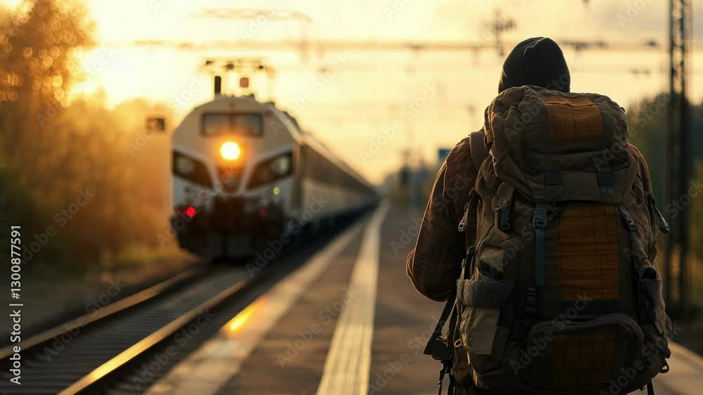 Person with a large hiking backpack standing on a train platform, waiting for an approaching train Person with a large hiking backpack standing on a train platform, waiting for an approaching train