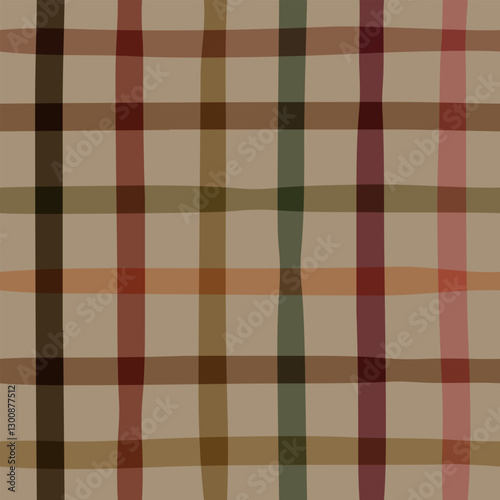 Hand drawn checkered seamless pattern with warm muted colours of red, pink, orange, green and brown on a soft beige background