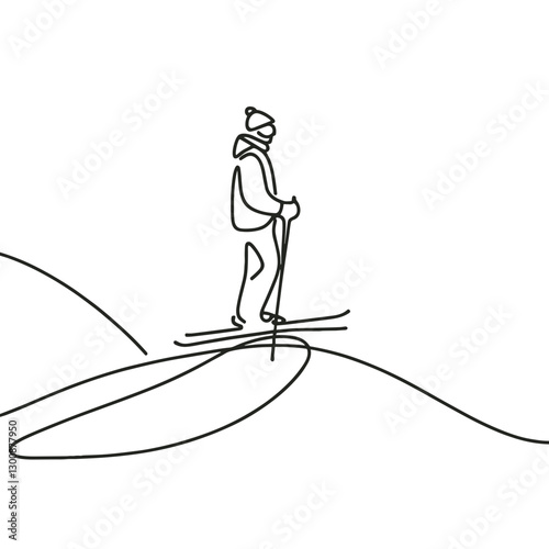 Line drawing skier gliding on snowy slopes, winter sports concept