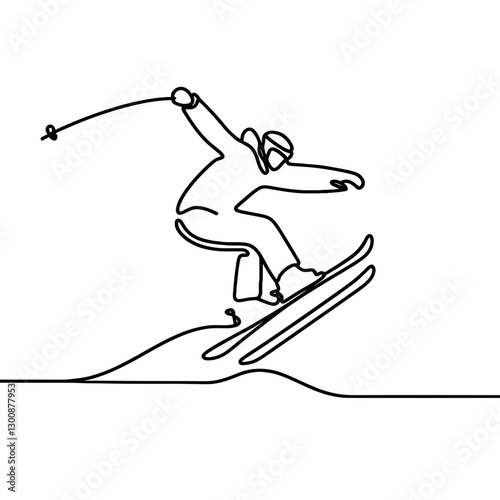 Line drawing of skier jumping over a slope, winter sports concept