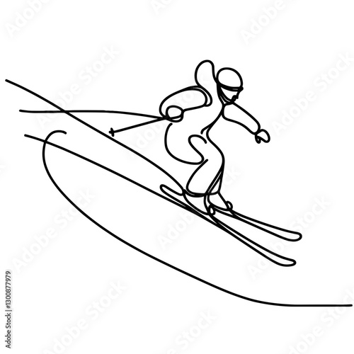 Line drawing skier jumping in action, winter sports concept
