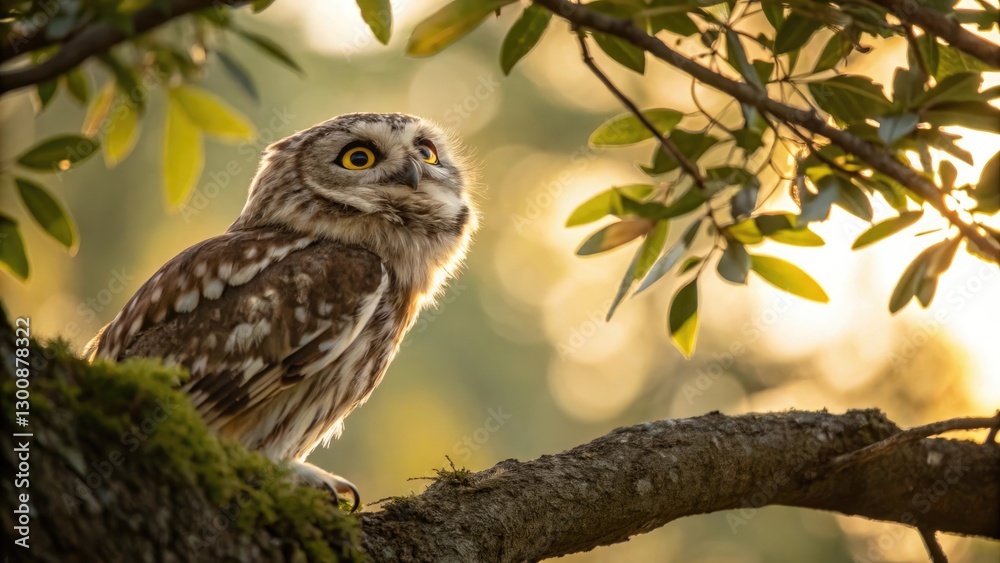 Curious owl gazing from a branch with a joyful mood illuminated by gentle sunlight in a vibrant forest Curious owl gazing from a branch with a joyful mood illuminated by gentle sunlight in a vibrant forest