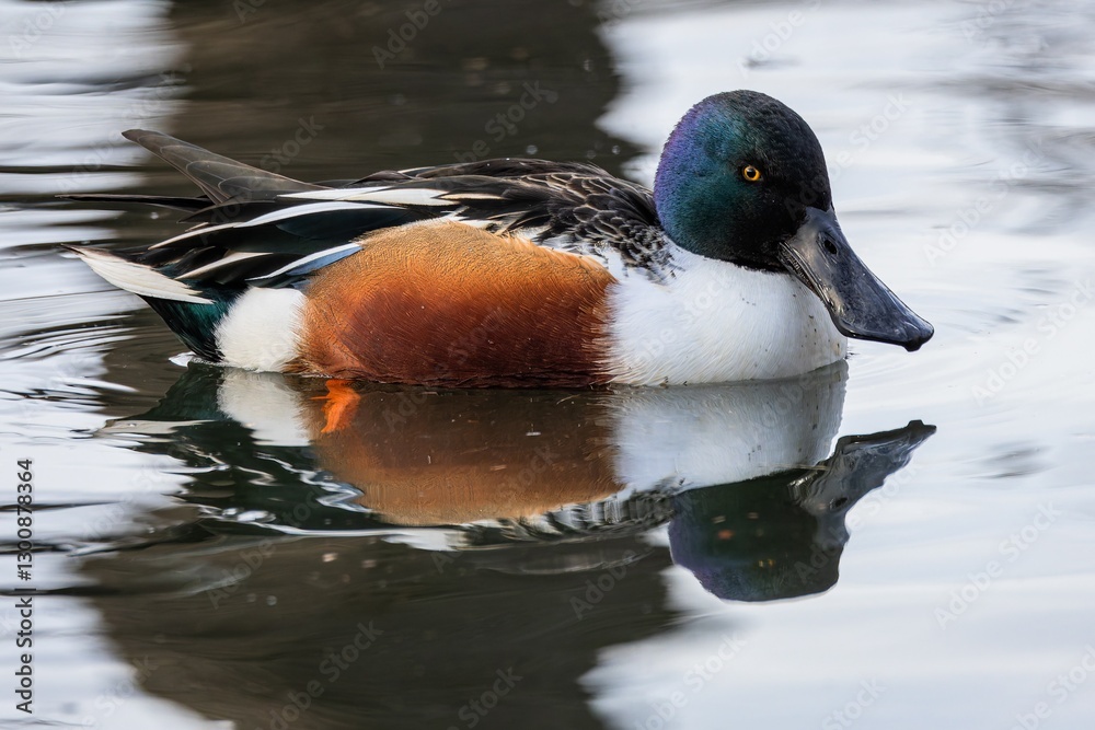 The northern shoveler, a white and brown male duck with iridescent dark green head, bright yellow eyes and typical spatulate bill swimming in a lake. Reflection of the bird in water.