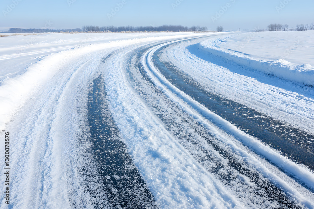 Winter road: a snowy path curves through a landscape, with snowy tire tracks leading towards the horizon in the distance. Cold weather and road. Winter road: a snowy path curves through a landscape, with snowy tire tracks leading towards the horizon in the distance. Cold weather and road.