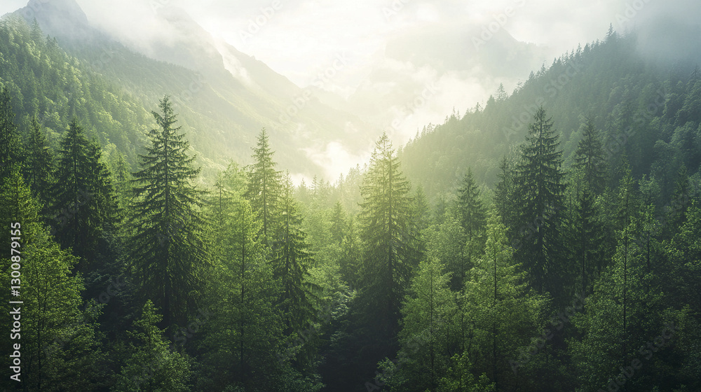 Fototapeta premium Lush green forest with misty mountains in background