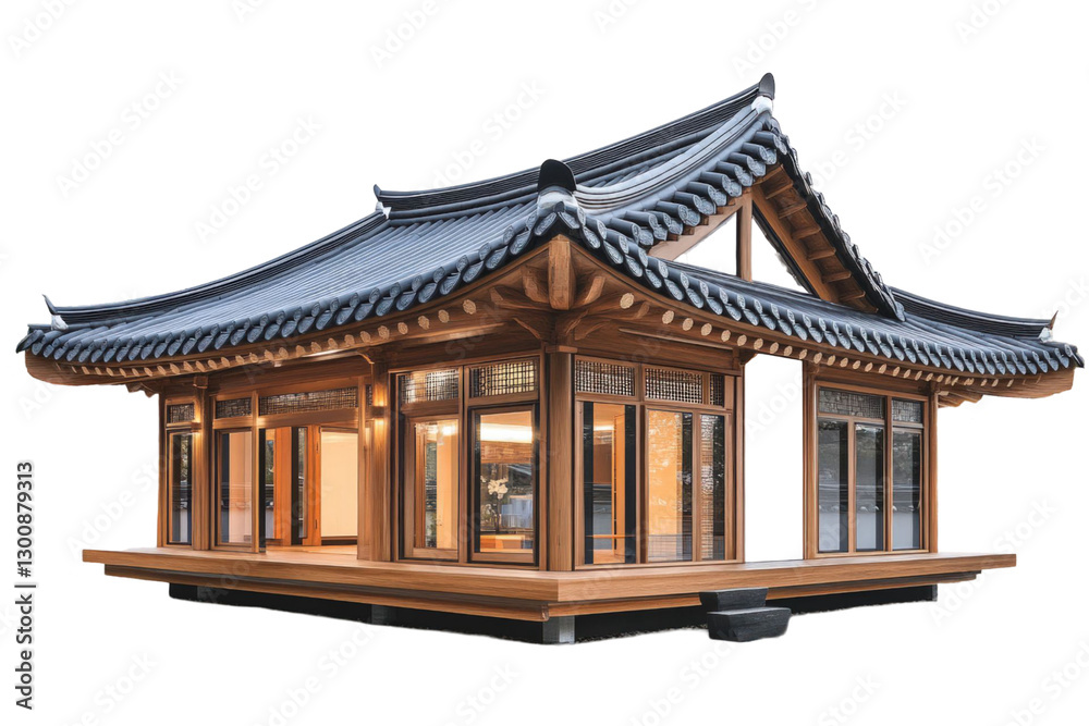 Traditional Korean Wooden Pavilion With Tiled Roof and Glass Windows on Elevated Platform Traditional Korean Wooden Pavilion With Tiled Roof and Glass Windows on Elevated Platform