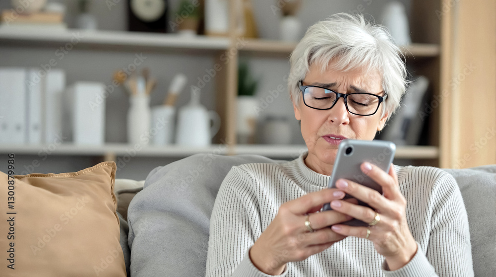 Concerned senior woman using smartphone with furrowed brow sitting on couch in living room Concerned senior woman using smartphone with furrowed brow sitting on couch in living room
