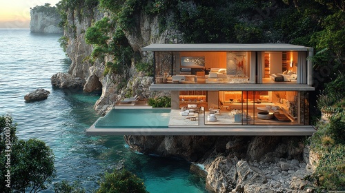 Modern coastal home built precariously on a rugged seaside cliff
