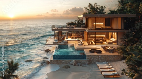 Luxurious modern beachfront home featuring swimming pool and sunset view