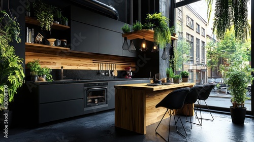 A modern kitchen with plants and an open view to the street