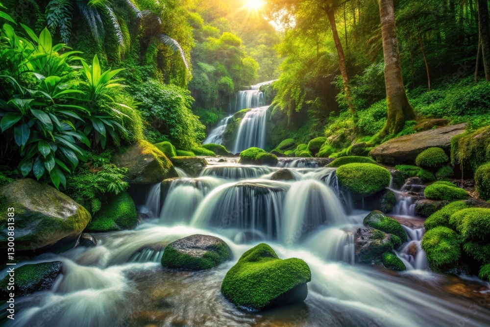 Fototapeta premium Cascade Waterfall Jungle Stone Fresh Water Photo - Generative AI Image